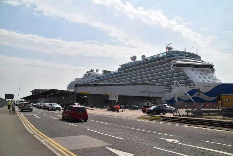 The QEII Cruise Terminal in Southampton's Eastern Docks with a cruise ship alongside