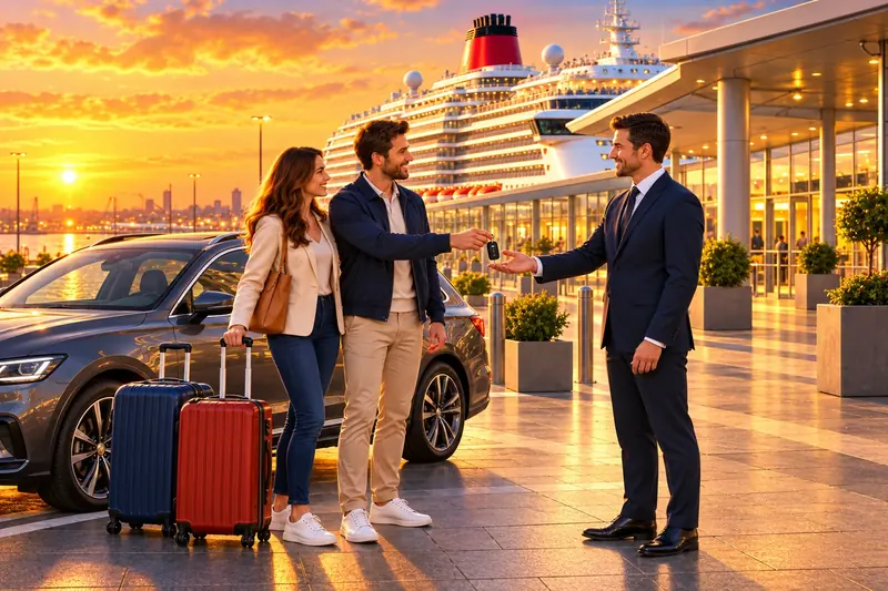 Illustration of a couple with suitcases handing their car keys to a smartly dressed driver outside a cruise terminal