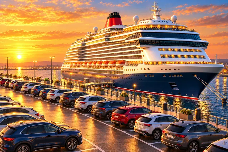 Illustration of rows of parked cars in a port car park beside a docked cruise ship