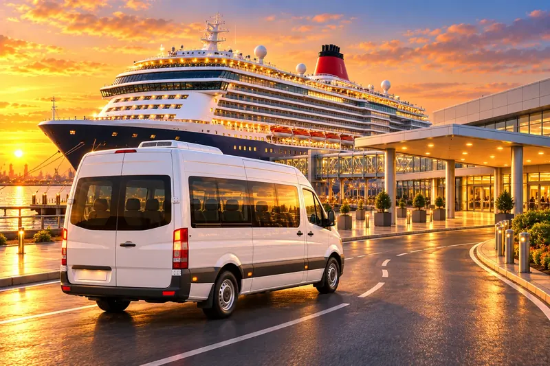 Illustration of a white shuttle minibus driving up to a cruise terminal with a cruise ship alongside