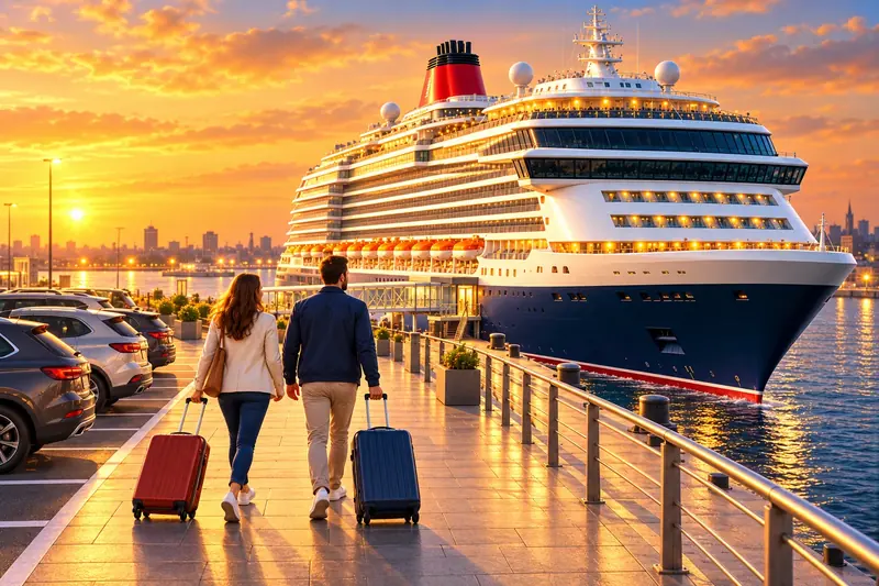 Illustration of a couple wheeling suitcases from a car park along the quay to a cruise ship